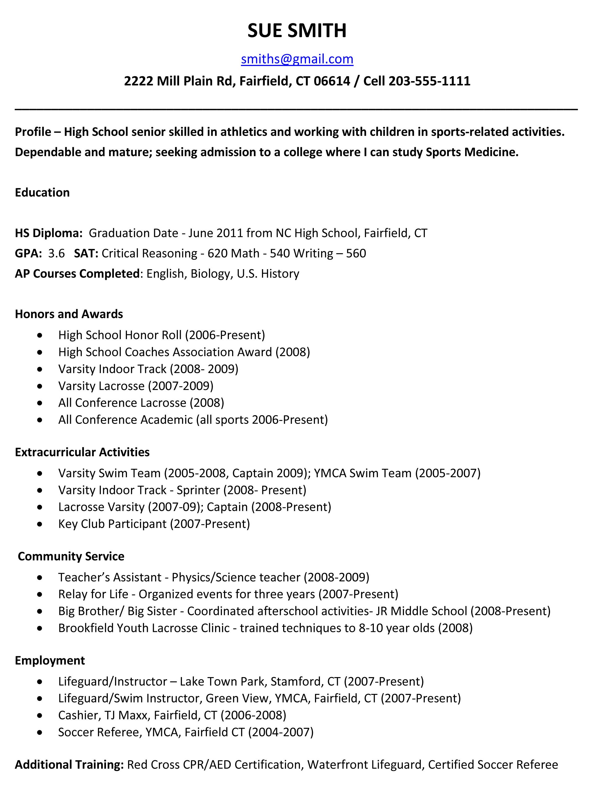 High School Senior College Resume Examples