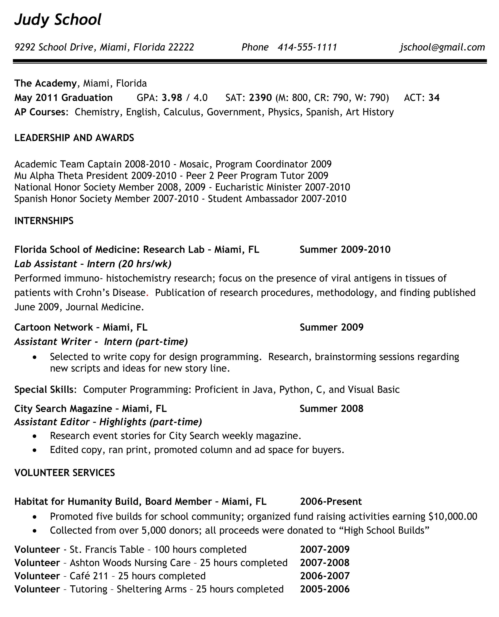 high school resume examples for college admission